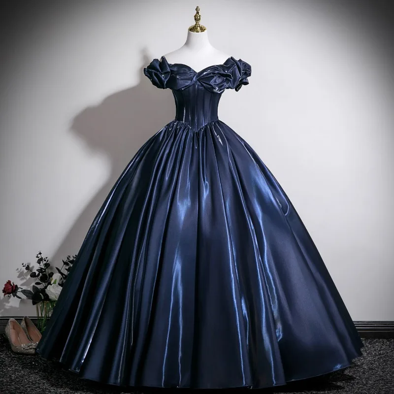Vestido de satén azul para mujer, talla grande, novedad 2026, para actuaciones vocales y ceremonias, vestido de gala con mangas abullonadas, personalizable.