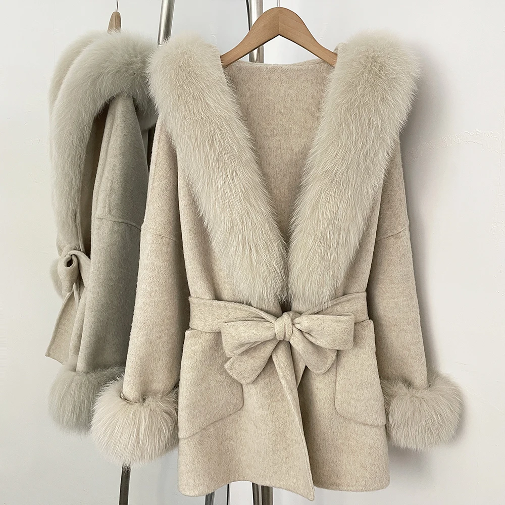 

Куртка из натурального лисьего меха женская с капюшоном, шерстяная, в корейском стиле, теплая верхняя одежда для корейского климата, многофункциональная