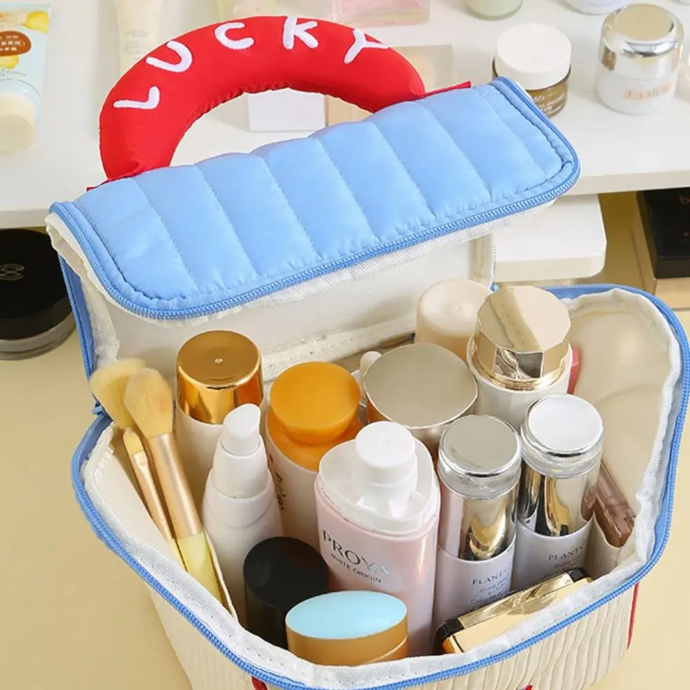 حقيبة مكياج على شكل كابينة لطيفة ذات سعة كبيرة، حقيبة مستحضرات تجميل مربعة الشكل، حقيبة تخزين محمولة بسحاب
