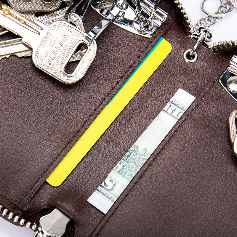 Western Multifunctional Zipper Design Leather Men Key Bag  Large Capacity Women Key Bags