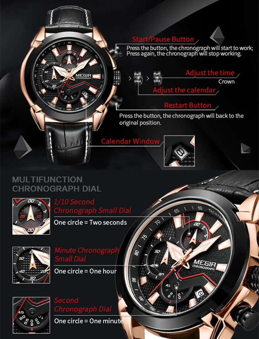 MEGIR Military Sport Watches for Men Top Brand Luxury Leather Strap Quartz Wristwatch Male Clock Chronograph Reloj Hombre 2065