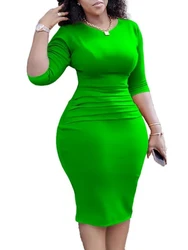 Waist Folds African Midi Dresses For Women 2026 Summer Half Sleeves Bodycon Dress Elegant Event Club Sheath Gowns Plus Size Robe