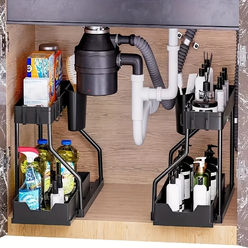 

2-Tier Sliding Under Sink Organizer with Removable and Hanging Cup - Plastic Kitchen Cabinet Drawer Organizer for Easy Access a