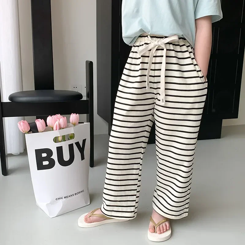 

Summer girls cotton thin cool striped trousers Kids girl 5 colors embroidery straight-leg pants