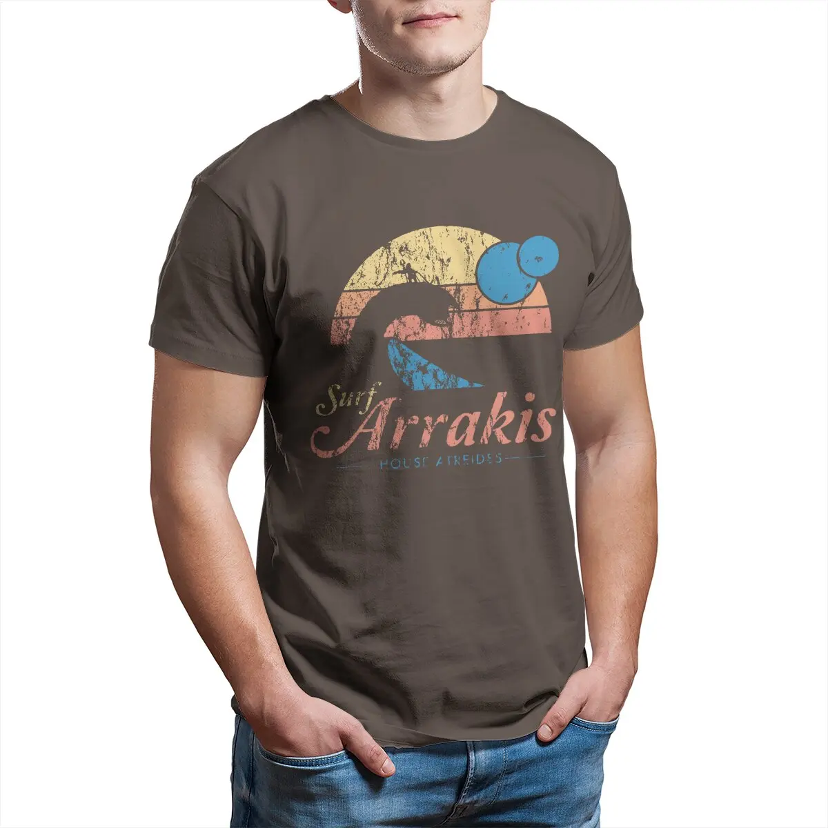 

Visit Arrakis Vintage Distressed Surf Dune Sandworm Science Fiction movie T-Shirt for Men 100% Cotton printed Clothing