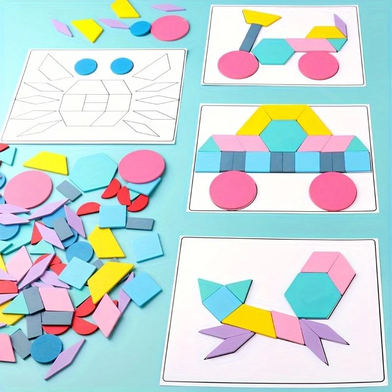 Nowy zestaw drewnianych tangramów Montessori, 180 elementów, gra edukacyjna do klasyfikacji kolorów i układania w stosy dla dzieci w wieku przedszkolnym, prezent do rozwijania umysłu.