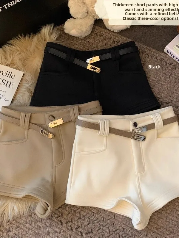High Waist Slim Fit Straight Leg Fleece Lined Casual Shorts Women's Autumn Winter New Style Khaki Versatile Slimming Hot Pants