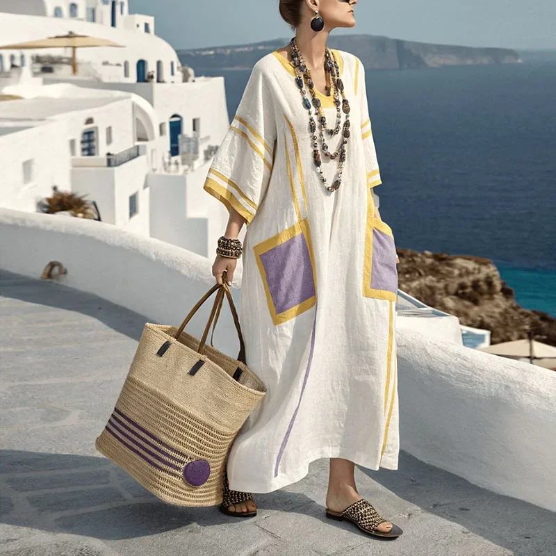 Zomer voor vrouwen elegante bohemien jurk mode v-hals korte mouwen lange jurken nieuwe casual vakantie zakken losse feestjurk