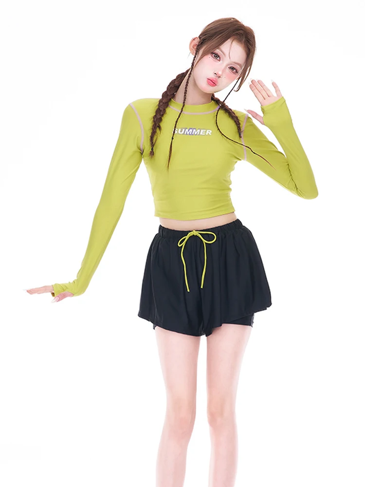 

Spor Long Sve High Ne Student Bikini Tee Piece Set Surfing Sle Conservative Profional High Waist Separate Swimsuit