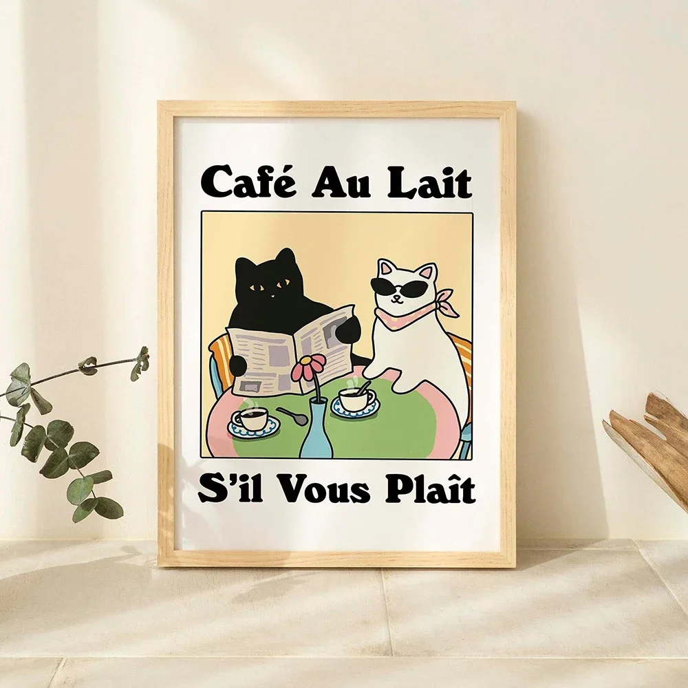 

French Cafe Croissant Cat Print Retro Drink Poster Bistro Coffee Posters Kitchen Home Decor Unique Pictures Canvas Painting