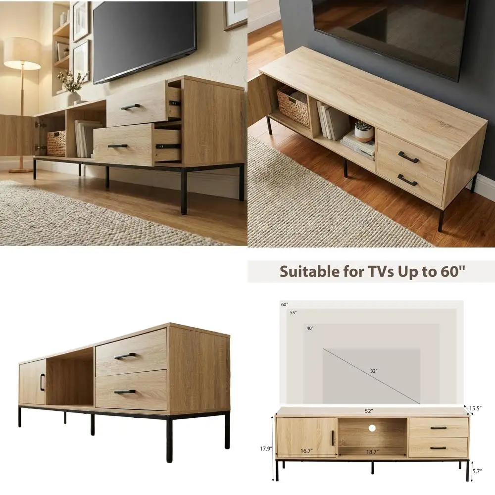 

TV Stand for 55/60 Inch TV, Modern Wood Entertainment Center with Storage, 52" Media Console Table with 2 Drawers & Door Cabinet