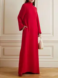 UOOZEE Women Elegant Red Dress 2024 New Autumn Long Sleeves Loose Hollow Pockets Solid Color High-Neck Evening Maxi Dresses