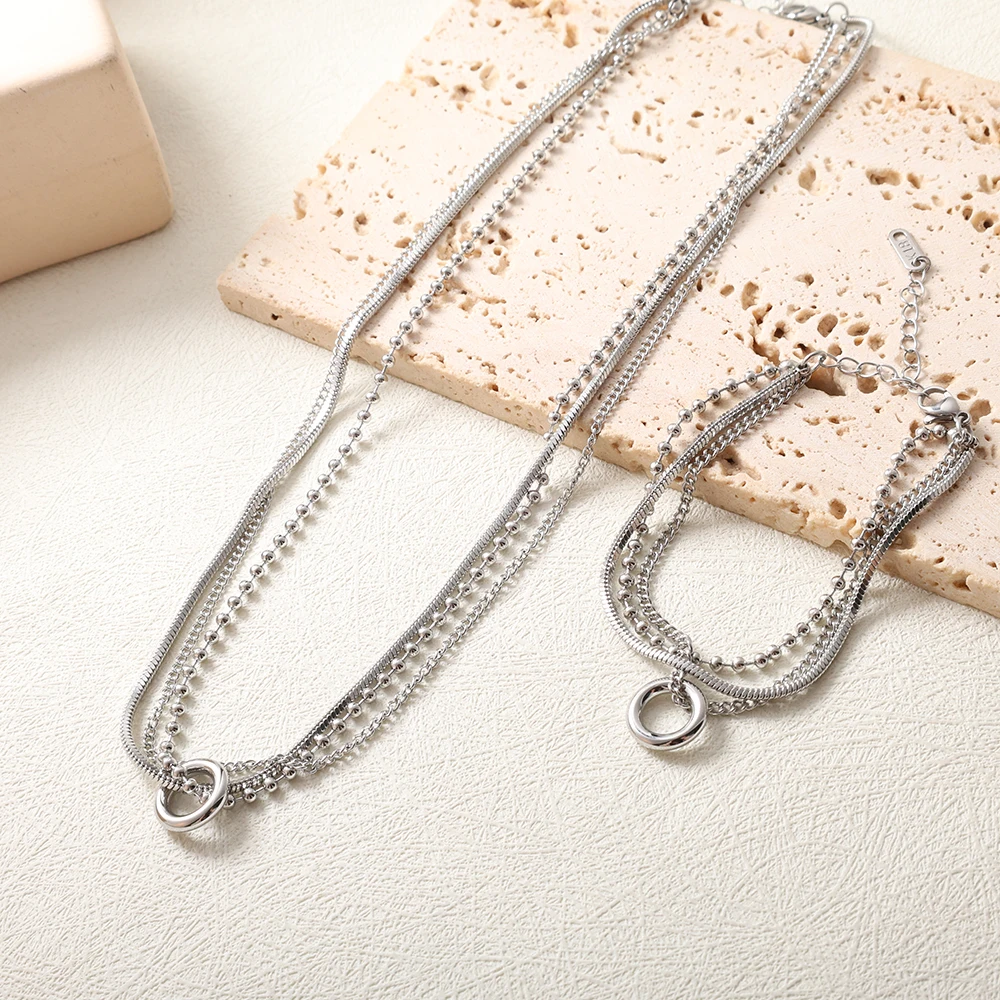 Three-layer Stainless Steel Choker Bracelet Set Punk Simple Hollow Round Pendant Necklace Wholesale Stylish Stacking Jewelry Set