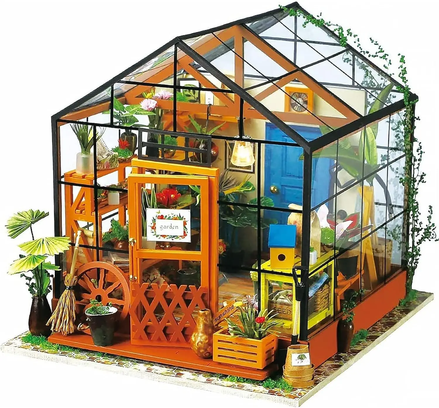 Robotime Mini Green House Cathy's Flower House DIY Dollhouse Wooden Miniature Furniture Kit with LED Best Birthday Gifts