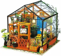 Robotime-Mini casa verde de flores para niños, Kit de muebles en miniatura de madera con LED, bricolaje, los mejores regalos de cumpleaños