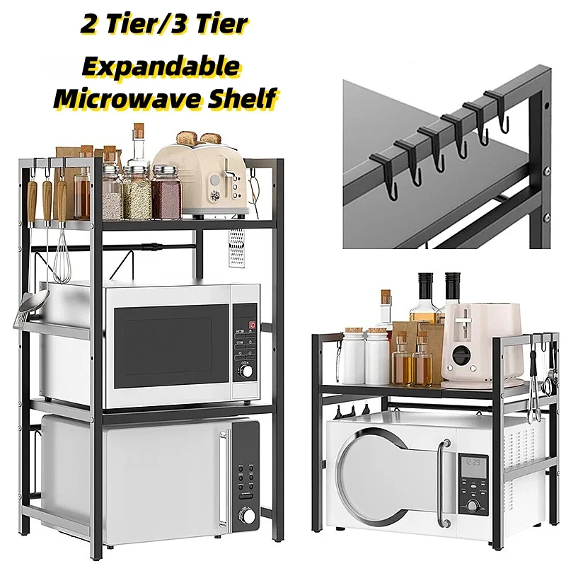 حامل ميكروويف قابل للتوسيع مع 6 خطافات، رف تخزين المطبخ، منظم سطح الطاولة لرف التوابل، الأواني، محمصة الفرن