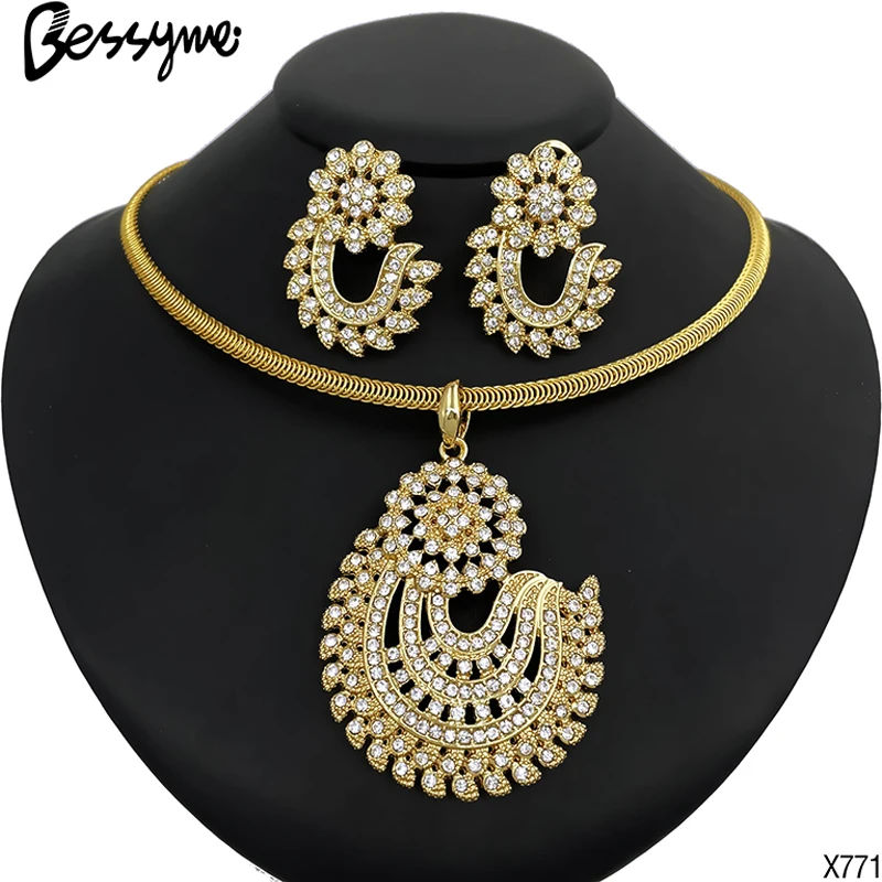 

18K Gold Plated Women Necklace And Earrings Set Big Pendant Earrings Choker 3Pcs Set Jewelry Wedding Party Gift