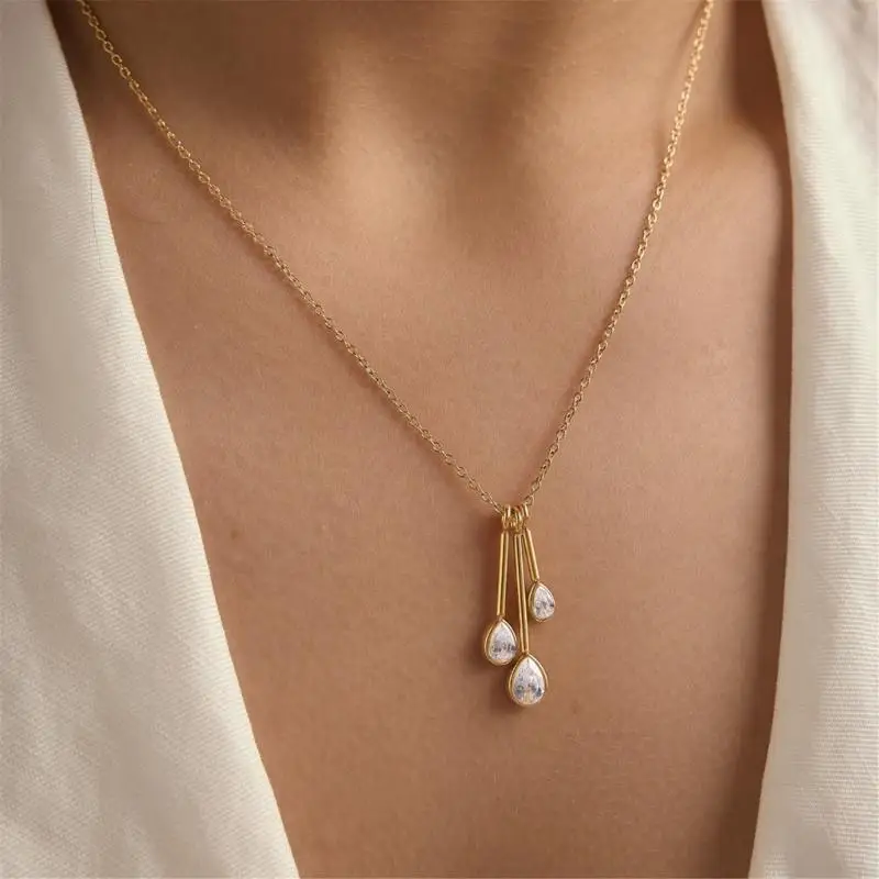 A52E Adjustable Pendant Necklace for Women, Stainless Steel Gold Tone Chain with Minimal Stone Detail for Parties and Dates