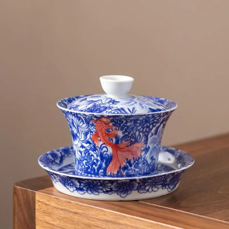 Blue and White Porcelain Carp Pattern Sancai Gaiwan Household Kungfu Tea Tureen Tea Infuser Bowl Cup Kitchen Drinkware