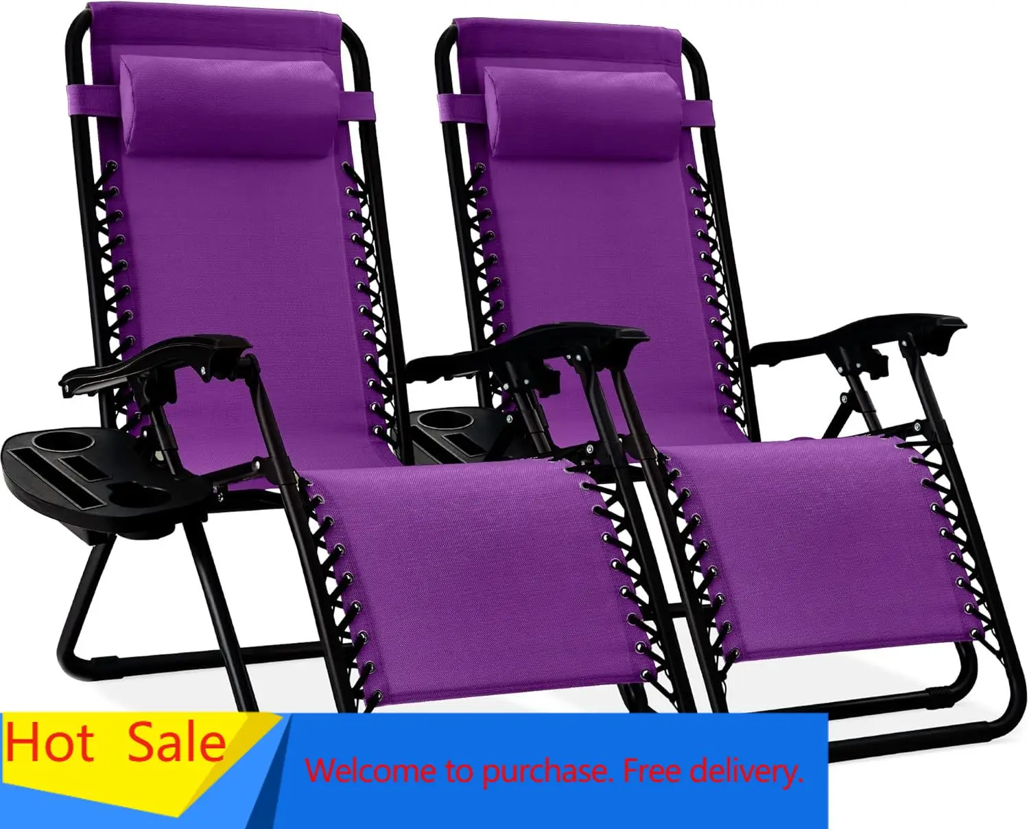 

Hot salesSet of 2 Adjustable Steel Mesh Zero Gravity Lounge Chair Recliners w/Pillows and Cup Holder Trays - Amethyst Purple
