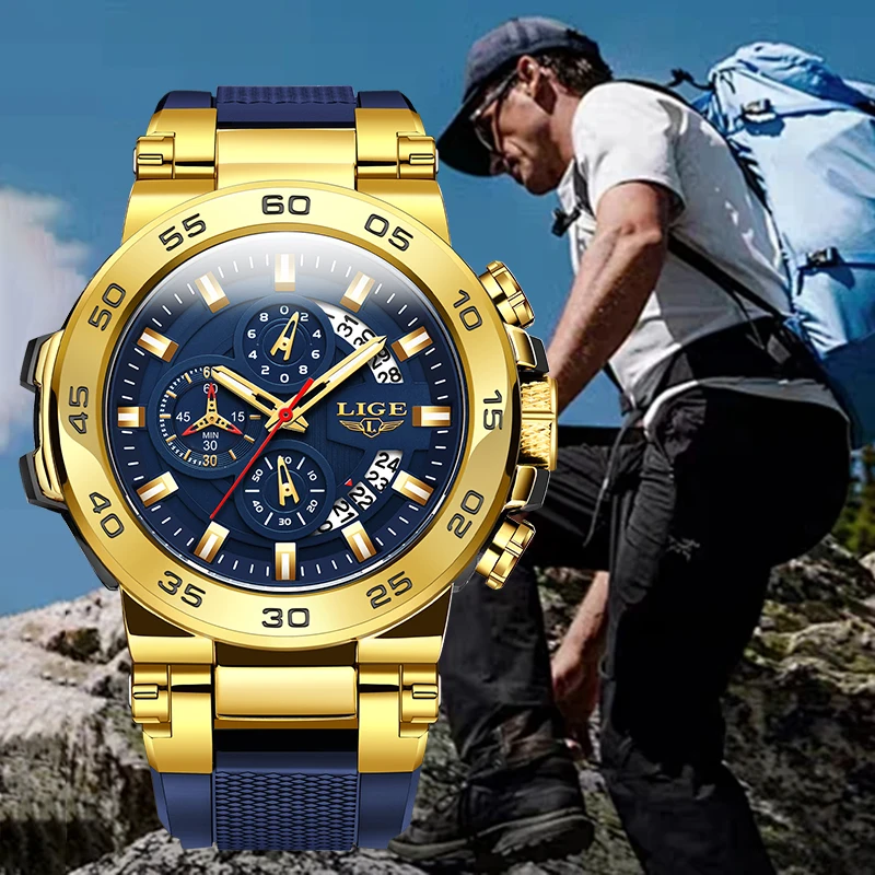 

Мужские спортивные часы LIGE: модные, водонепроницаемые, светящиеся, с датой, кварцевые, с большим циферблатом, силиконовый ремешок, Reloj Hombre
