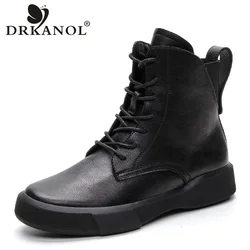 DRKANOL 2024 Big Size 35-43 Women Boots Autumn Winter Warm Plush Flat Ankle Boots British Style Real Cowhide Retro Cotton Boots