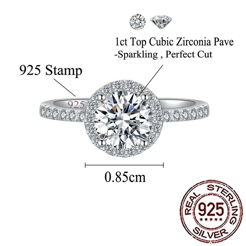 QooLady 925 Sterling Silver Luxury White Round Cubic Zirconia Micro Pave Ring for Women Wedding Evening Party Jewelry Gift SR061