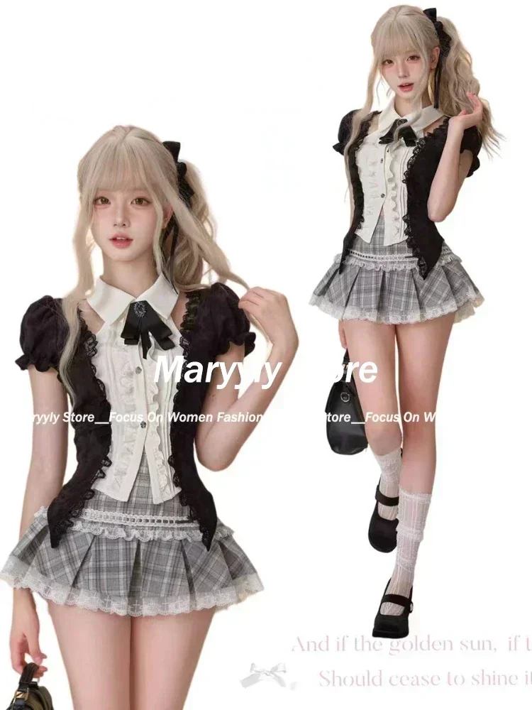 Japanese Sweet Preppy Style Outfits 2-częściowy zestaw damski Vintage Kawaii Lace Patchwork Tops + Y2k Plaid Slim Mini Skirt Female New