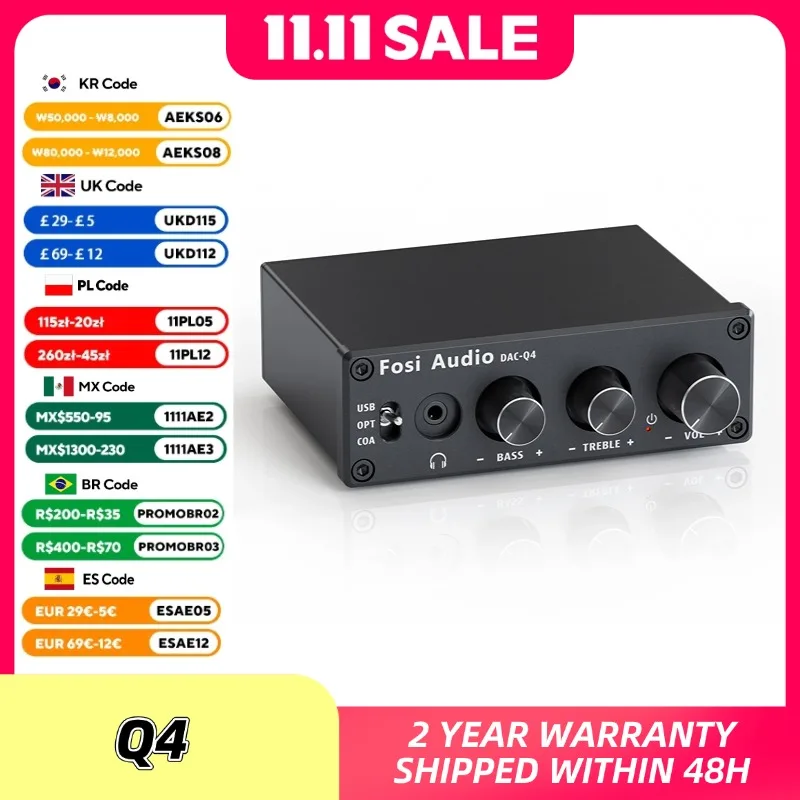 포시 오디오 Q4 미니 스테레오 USB 게이밍 DAC & 헤드폰 앰프 오디오 컨버터 어댑터 (가정용/데스크탑용 전원/액티브 스피커)