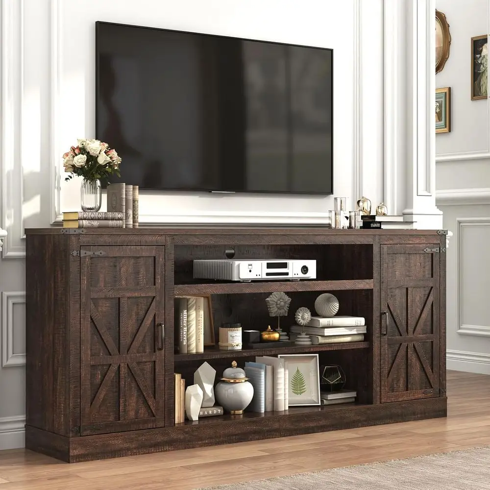 

75 Tall TV Stand with Power Outlets for 85 TVs, 33 Storage Entertainment Center with Adjustable Shelves, Rustic Brown Media Cons