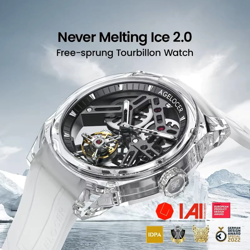 

AGELOCER 'Ice Never Melts' Luxury Men's Watch Free-sprung Crystal Tourbillon Manual Mechanical Birthday Gift