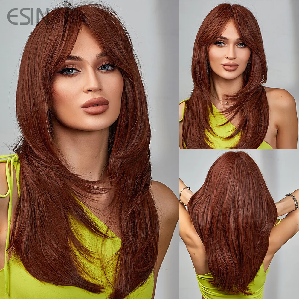 

ESIN Synthetic Long Brown Straight Wigs for Women Wave and Wavy wine red hair with Bangs Heat Resistant Cosplay or Daily wig