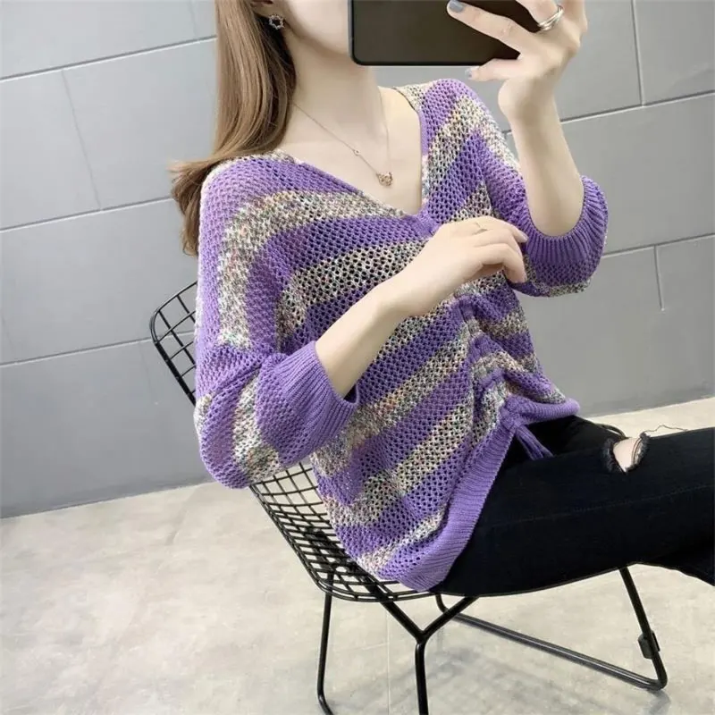 Fashion Striped Hollow Out Knitted T-shirt Spring Summer Thin Elegant V-Neck Female Casual Loose Shirring Drawstring Pullovers