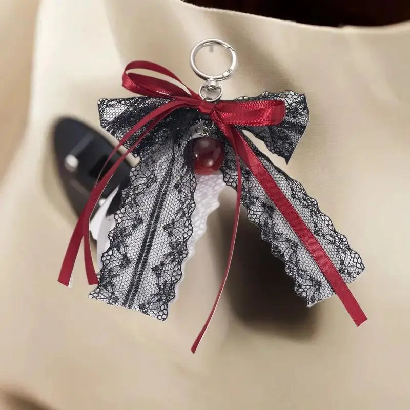 الدانتيل القوس المفاتيح الجوف الشريط الأحمر الكرز Y2k تصميم الأزياء سحر حساسة على ظهره مفتاح سلسلة هدية عيد الحب الملحقات #1
