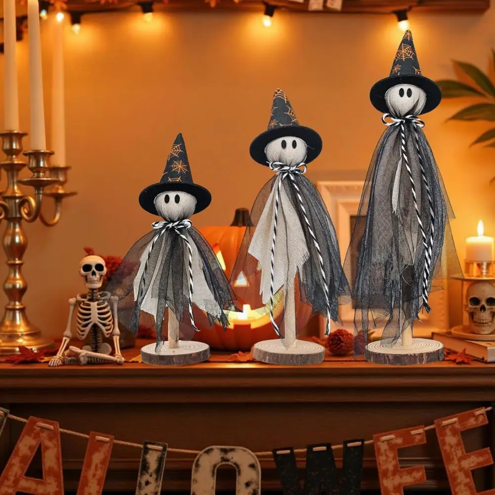 Ghost Themed Room Accessories 3pcs Wooden Ghost Ornaments Set Adorable Fabric Halloween Decorations Table Decor for Party