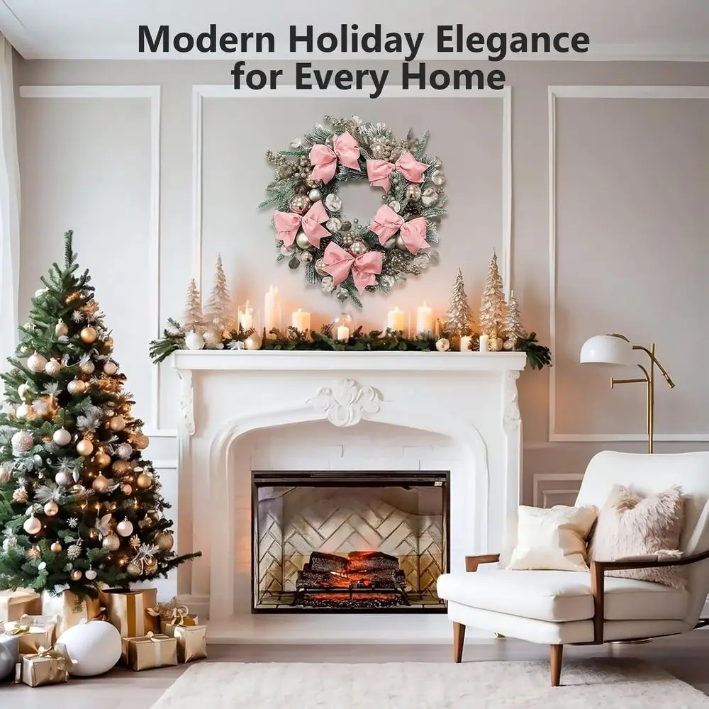 

Рождественский венок с розовыми бантиками, сосновыми шишками и золотистыми ягодами, декор для входной двери на Рождество и праздники