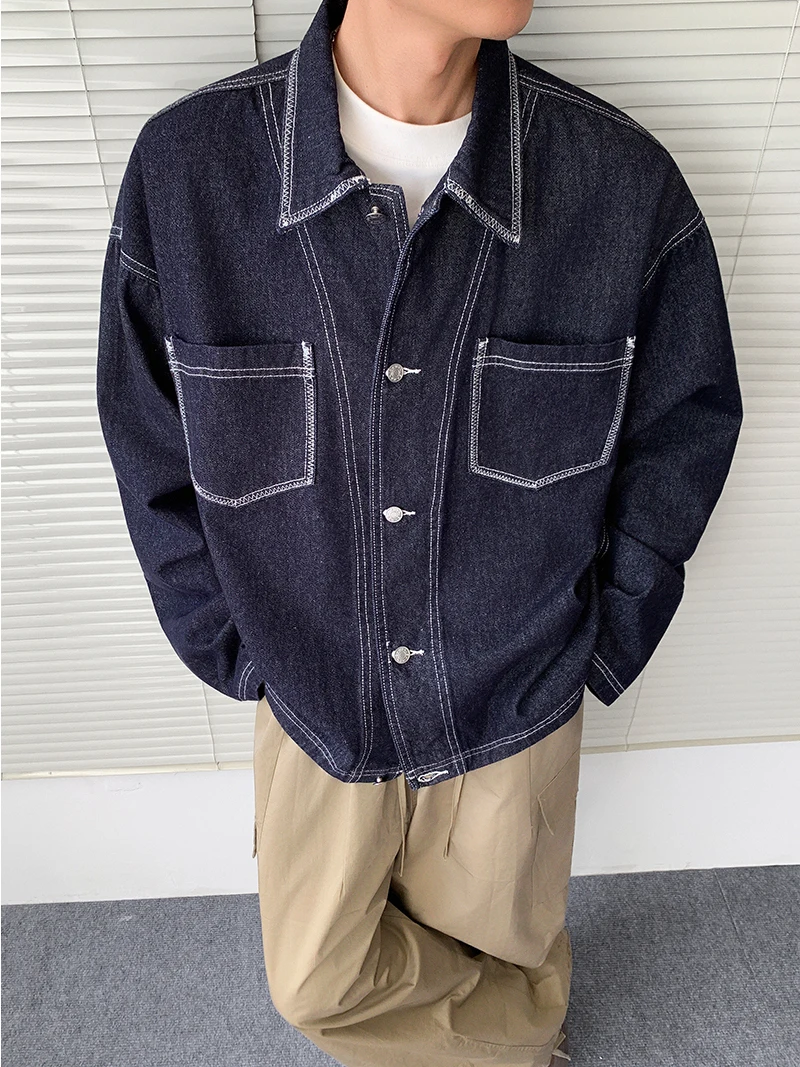 

Loose Fit Men's Denim Jaet American Sle Workwear Casual Long Sve Youth Trendy Fall Outerwear Deconstructed Stitch Design