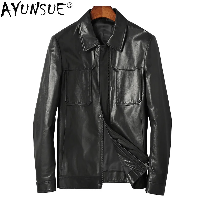 

AYUNSUE Autumn Real Sheepskin Leather Jackets Men Black Genuine Jacket Men's Casual Streetwear Jaqueta De Couro SQQ305