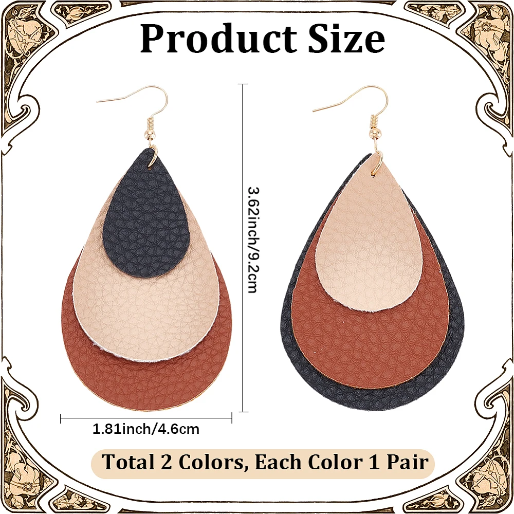 2 Pair Boho Chic Leather Layer Teardrop Earring Lightweight Waterdrop Pendant Dangle Drop Hippie Statement Charm Jewelry