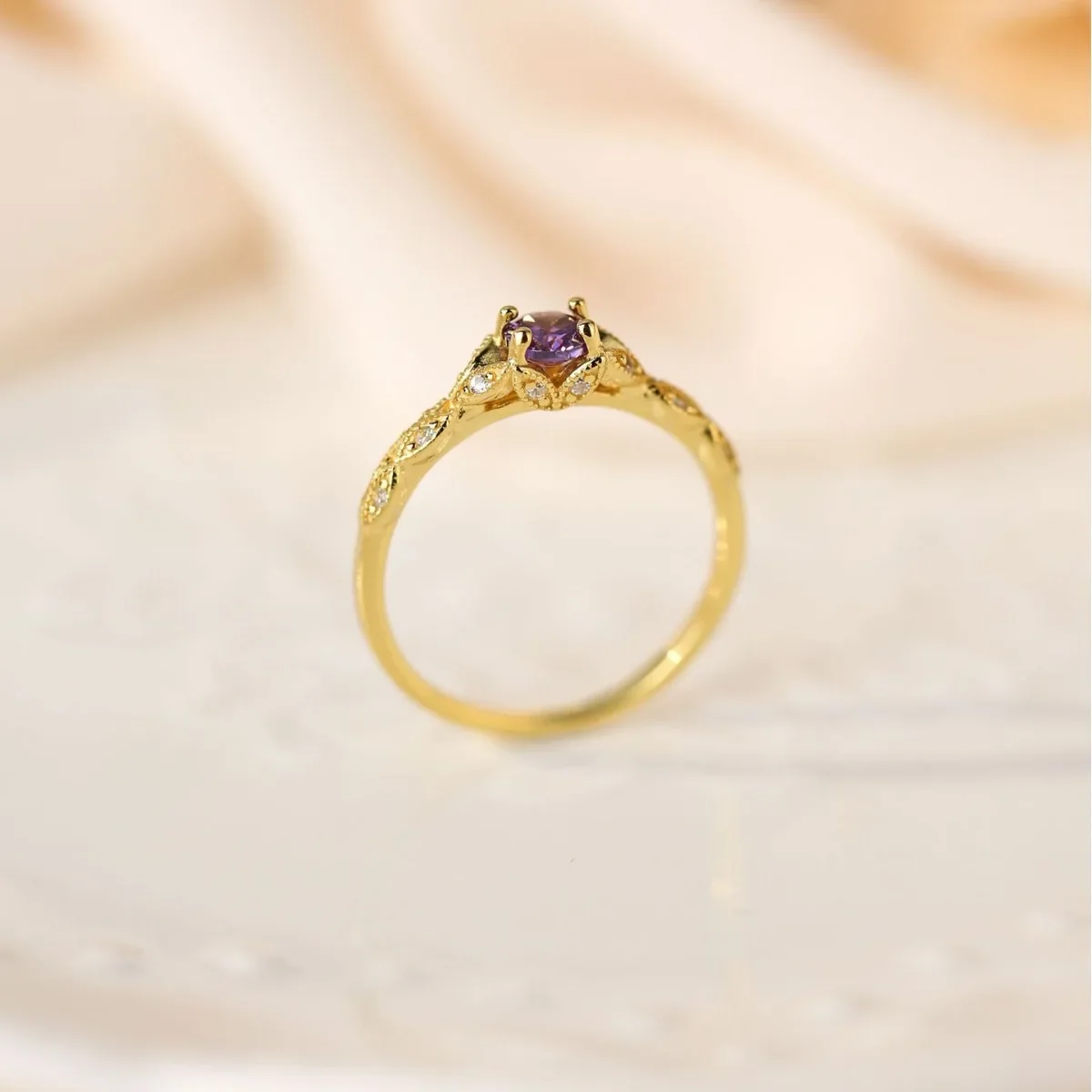 Sterling Silver European and American Simple Light Luxury Style Amethyst Rose Gold Zirconia Women's Ring Turkish Rings view 4