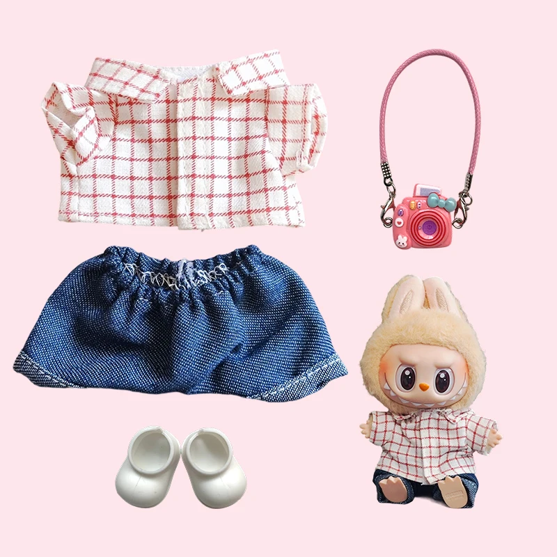 17cm Mini Doll'S Clothes Outfit Accessories For Labubu V1 V2 Striped overalls hats glasses shoes Cool handsome Clothing Gift