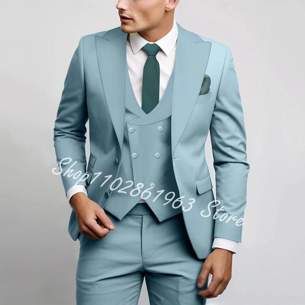 

Sky Blue Men Suits Slim Fit Wedding Groom Tuxedos 3 Pieces Jacket Vest Pants Formal Bridegroom Suits Blazer Costume Homme