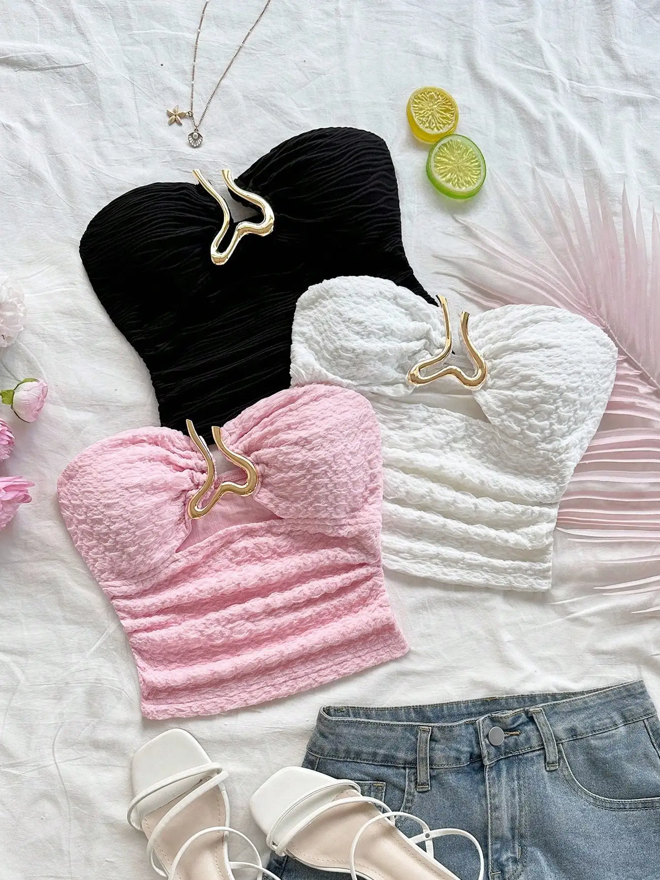 

3 шт. женских укороченных трикотажных топов-бюстье без бретелек в форме сердца с металлической пряжкой, для пляжа, свиданий и отпуска