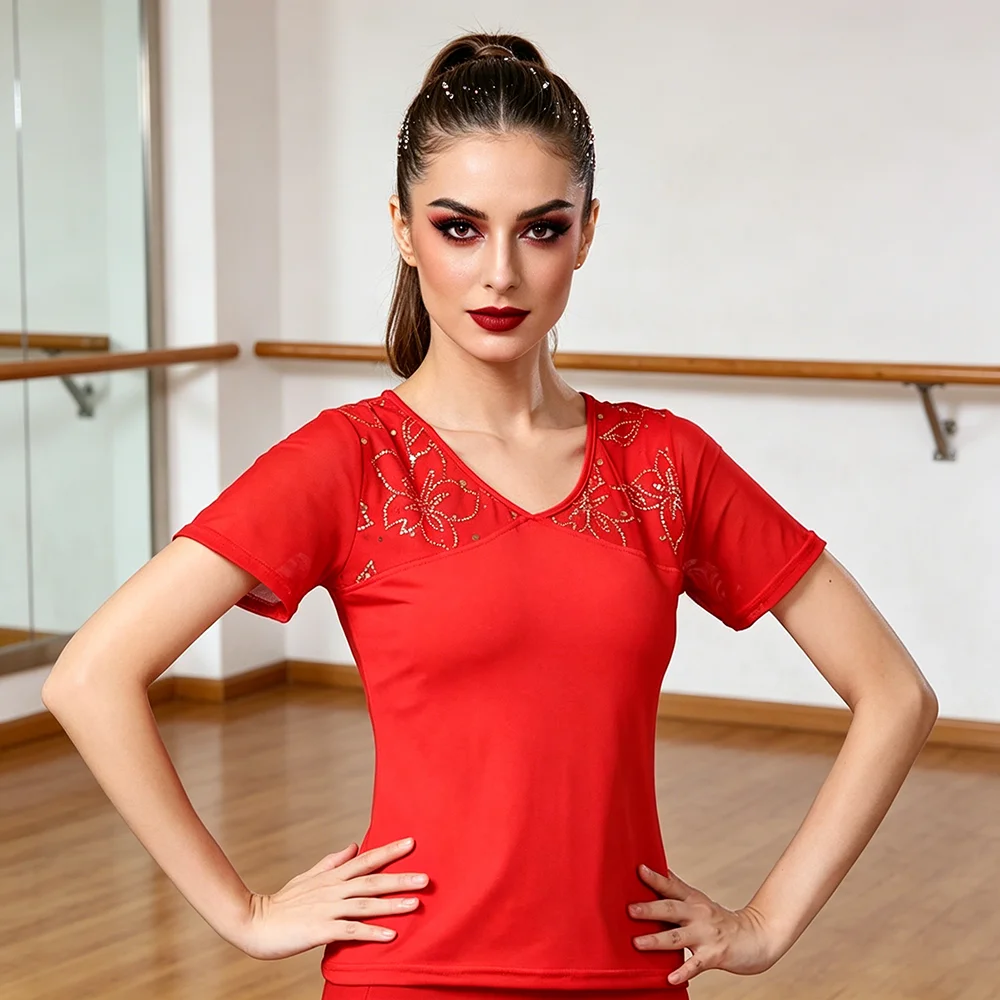 

Women's Latin Dance Top Rhinestone Flower Mesh V Neck Short Sleeve Ballroom Salsa Practice Performance Competition Costume