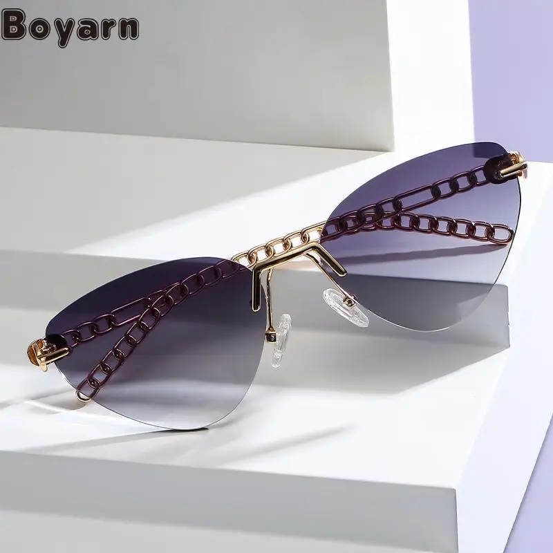 Foreign Trade New Cat's Eye Cut-edge Sunglasses Cross Border Women's Metal Chain Mirror Leg SunG lasses Ladies Travel Beach Glas