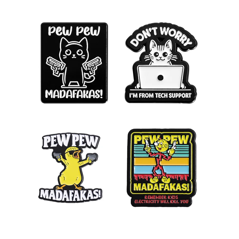 PEW PEW MADAFAKAS! Enamel Pins Custom Cute Chicken Killer Cat Brooches Lapel Badges Animal Funny Jewelry Gift for Friends