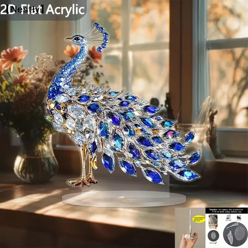 1Pcs 2D Flat Acrylic Figurine Luxurious Crystal Peacock Ornament Tabletop Decoration For Bedroom Living Room Office〔Nest〕