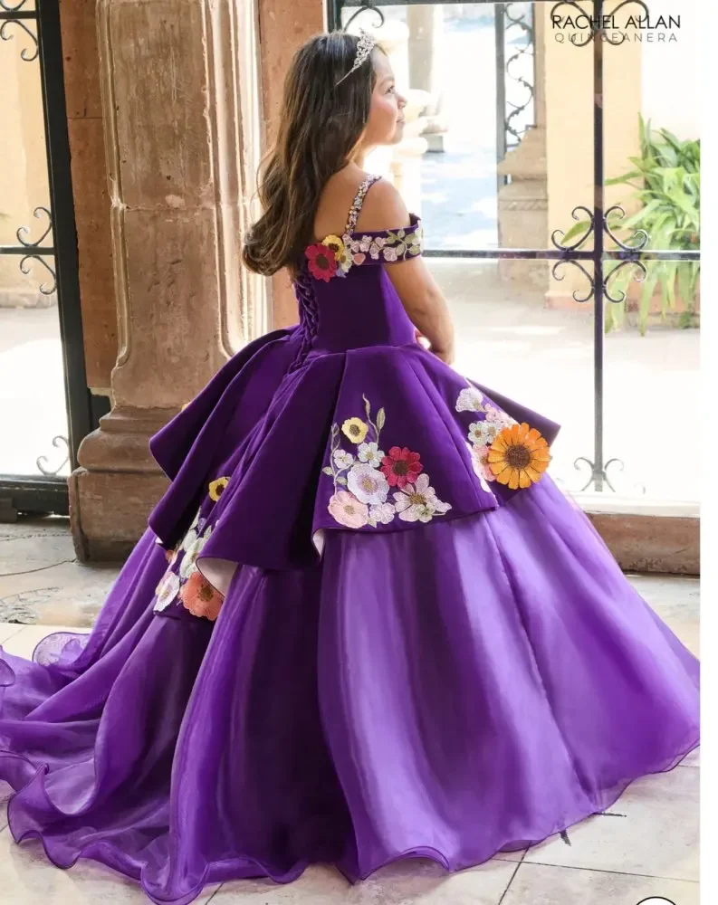 Purple Charro Mini Quinceanera Dresses Off The Shoulder Floral Girl Dresses For Weddings Mexican Pageant Dresses Baby Customized