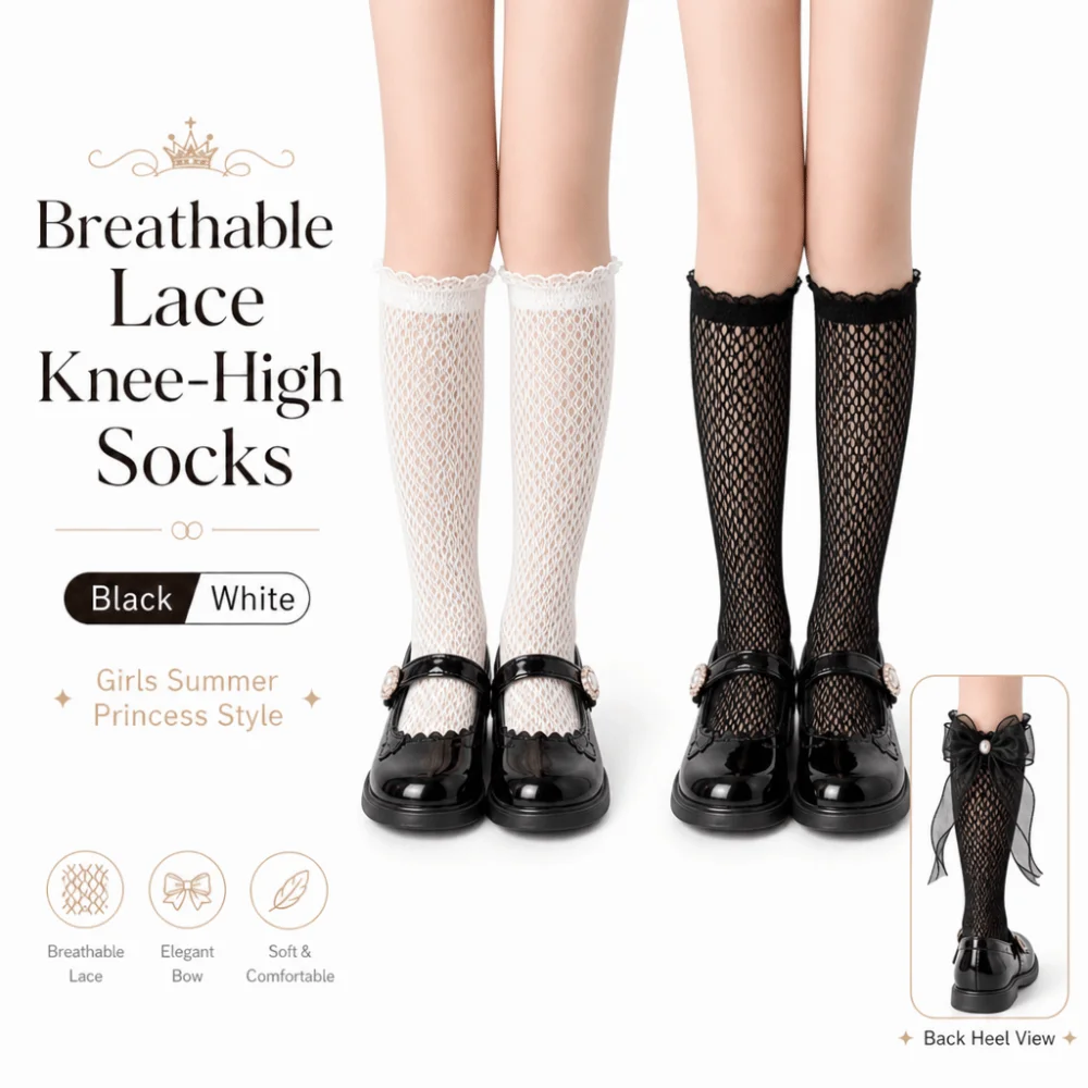 Cute Lace Trim Knee High Socks Ruffle Mesh Princess Lolita Stockings Bowknot Thin Lace Children's Socks School Uniform