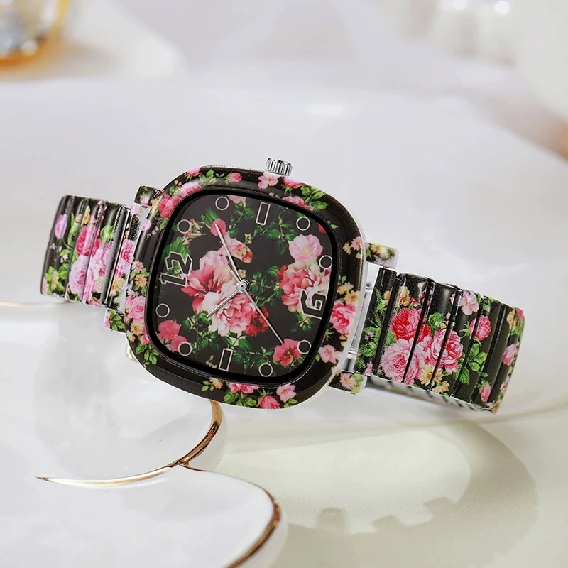 New Fashion Luxury Woman Square Adjustable Spring Band Bracelet Watch Women Flowers Stainless Steel Quartz Watches Students Gift